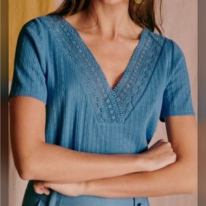 Sezane Blue Lace V-Neck Blouse